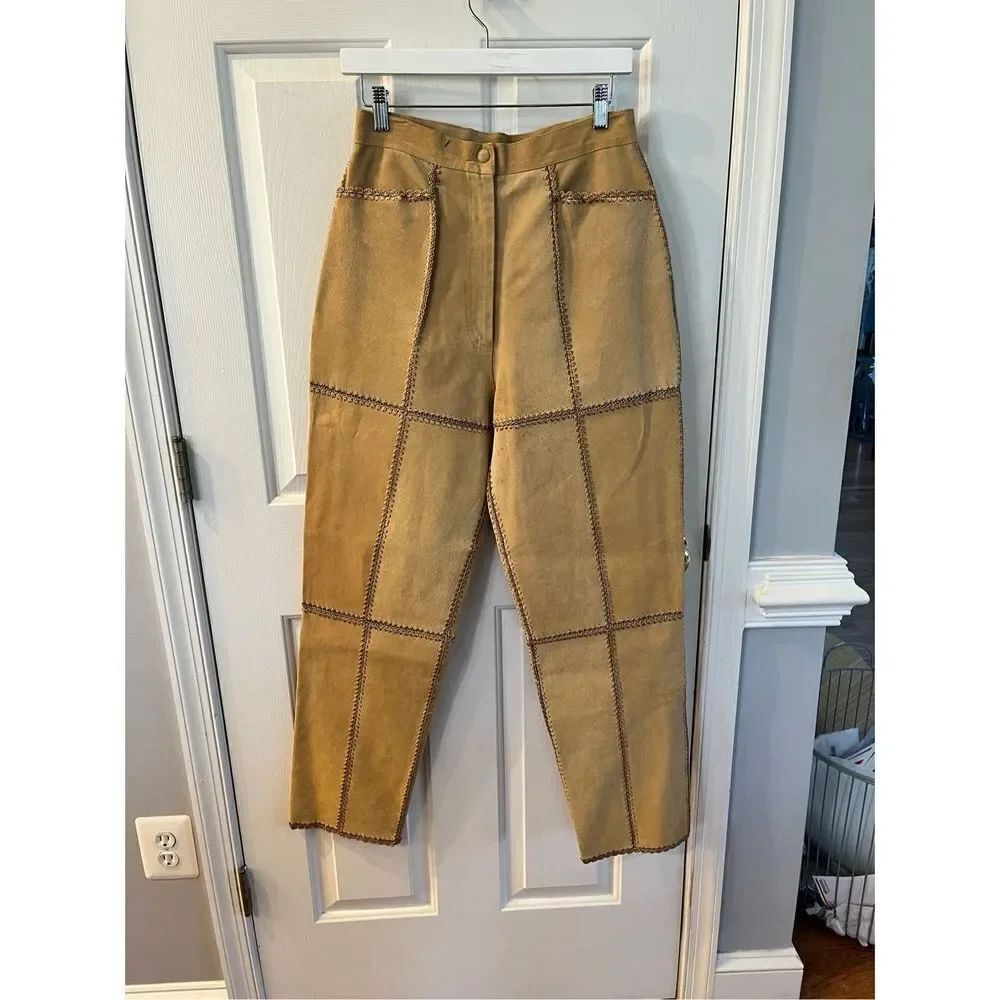 S.M.H. Vintage Tan Suede Crochet Pieced Pants Boho Festival Coachella sz 10